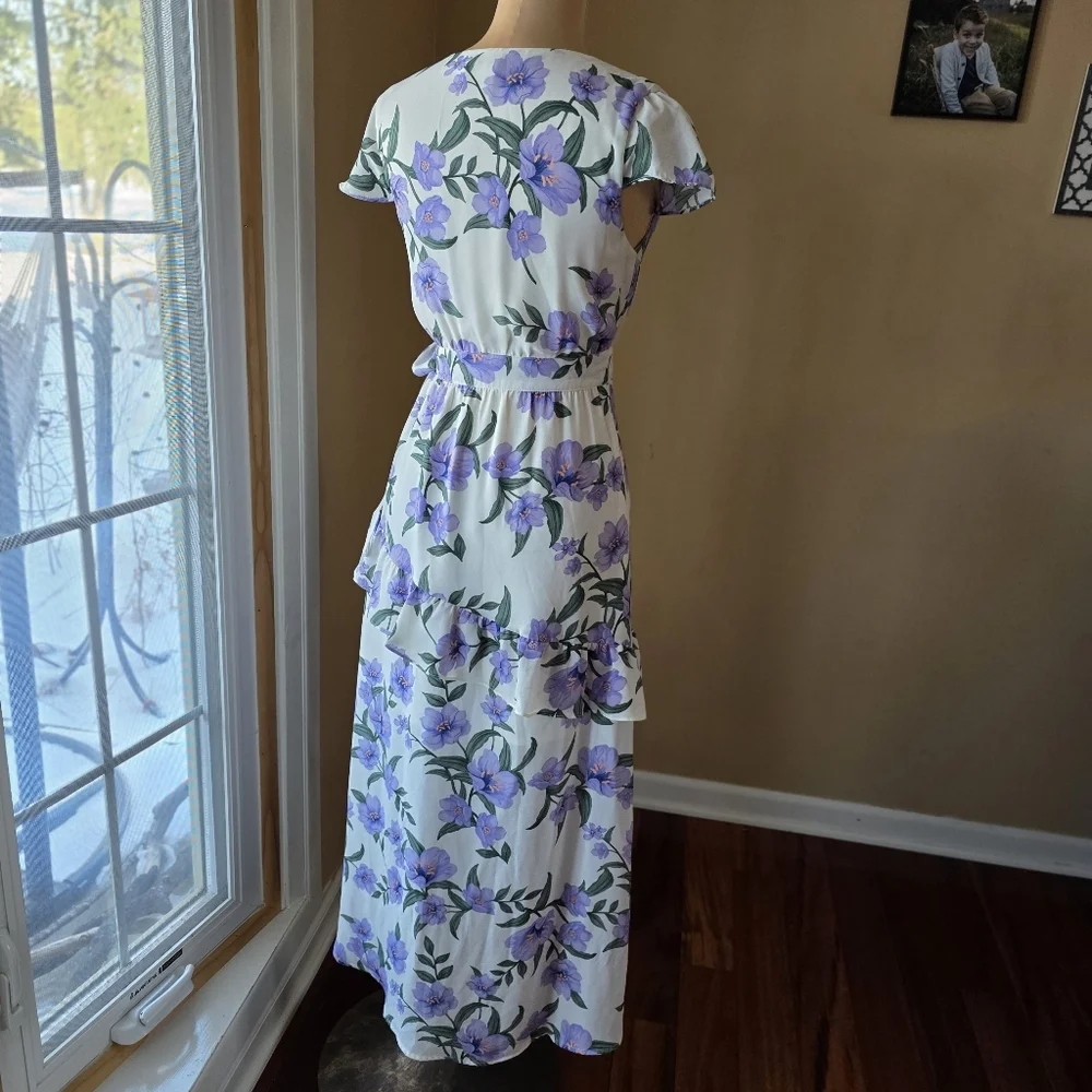 Blu Pepper White Wrap High-Low Dress with Purple Floral Print - Picture 9 of 11